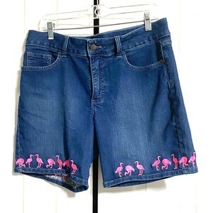 Riders by Lee mid rise embroidered flamingo denim jean shorts size 14